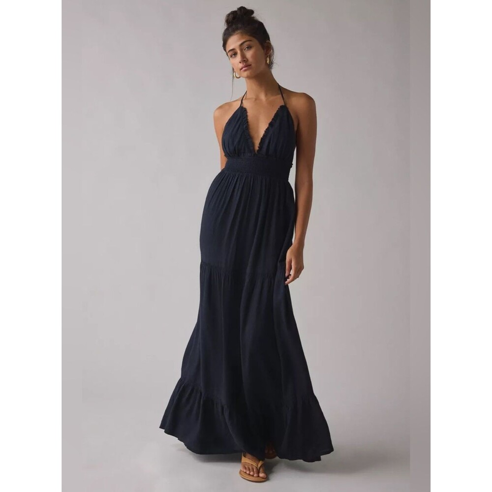 New Kimchi Blue Phoebe Open Back Halter Tiered Maxi Dress Rayon Black Sz S NWOT